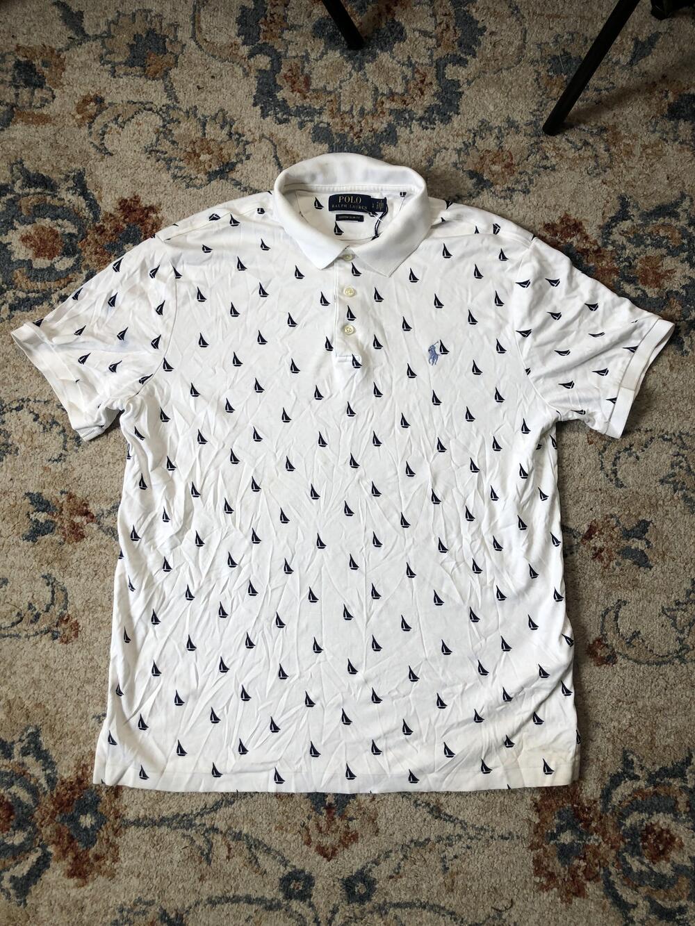 Polo Ralph Lauren Polo Shirt Mens Large Sailboat Print Nautical Custom Slim Fit